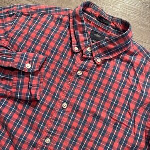 J.Crew Shirt Mens M Red Blue Plaid Cotton Slim Casual Preppy Professional Button